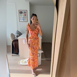 Zara Cutout Ruffle Maxi Dress Orange Pink Floral Open Back Summer Dress Size S